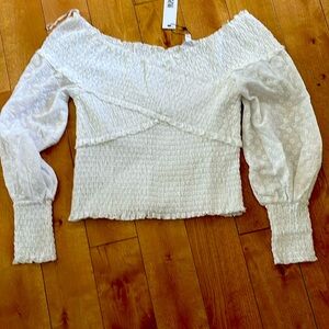 BB Dakota White Smocked Off-Shoulder Long Sleeve Top